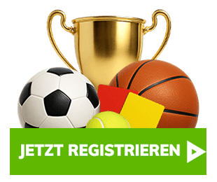 Goldener Pokal mit Sportbällen und Registrieren Button